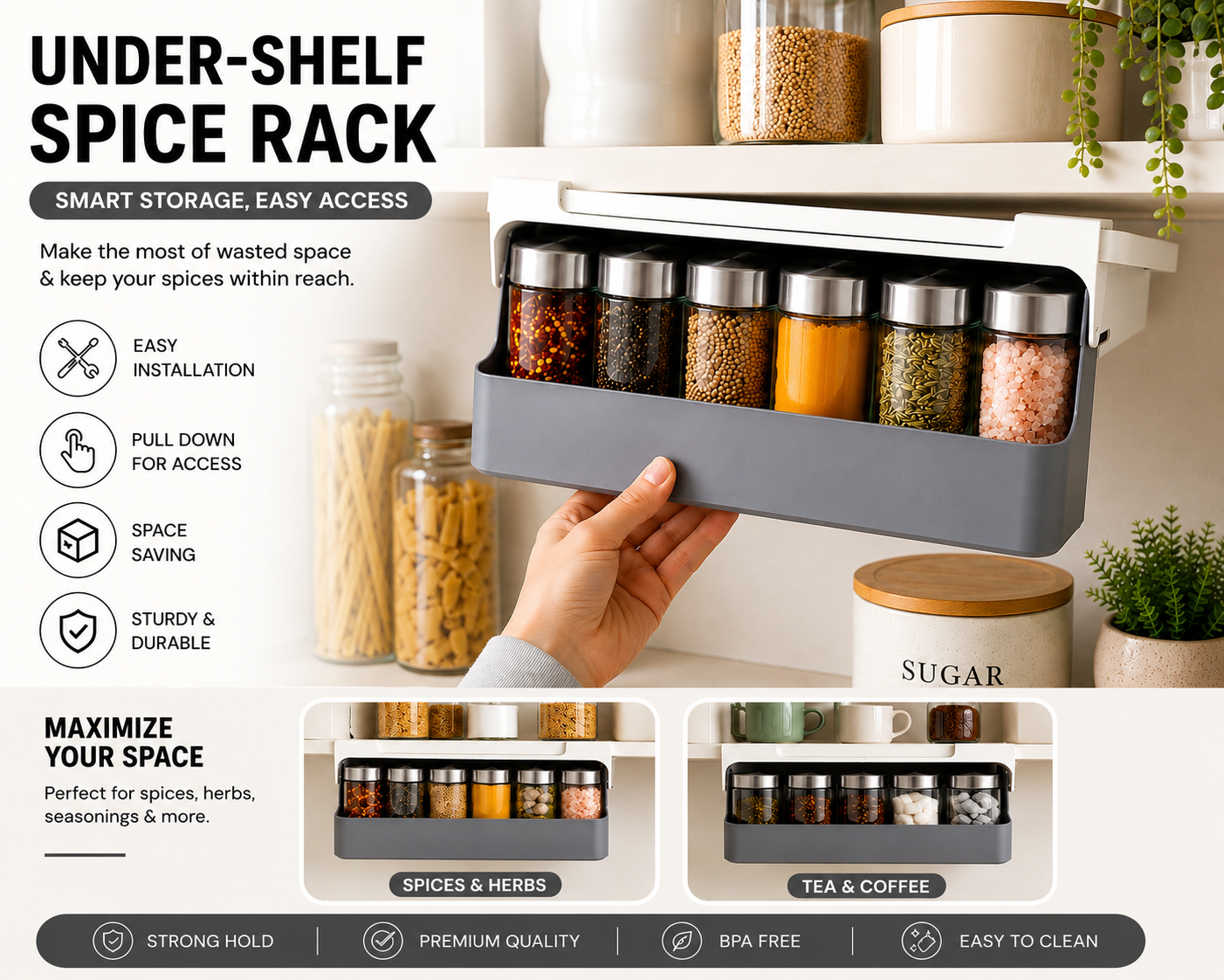 Under-Shelf Spice Rack with 6 Jars