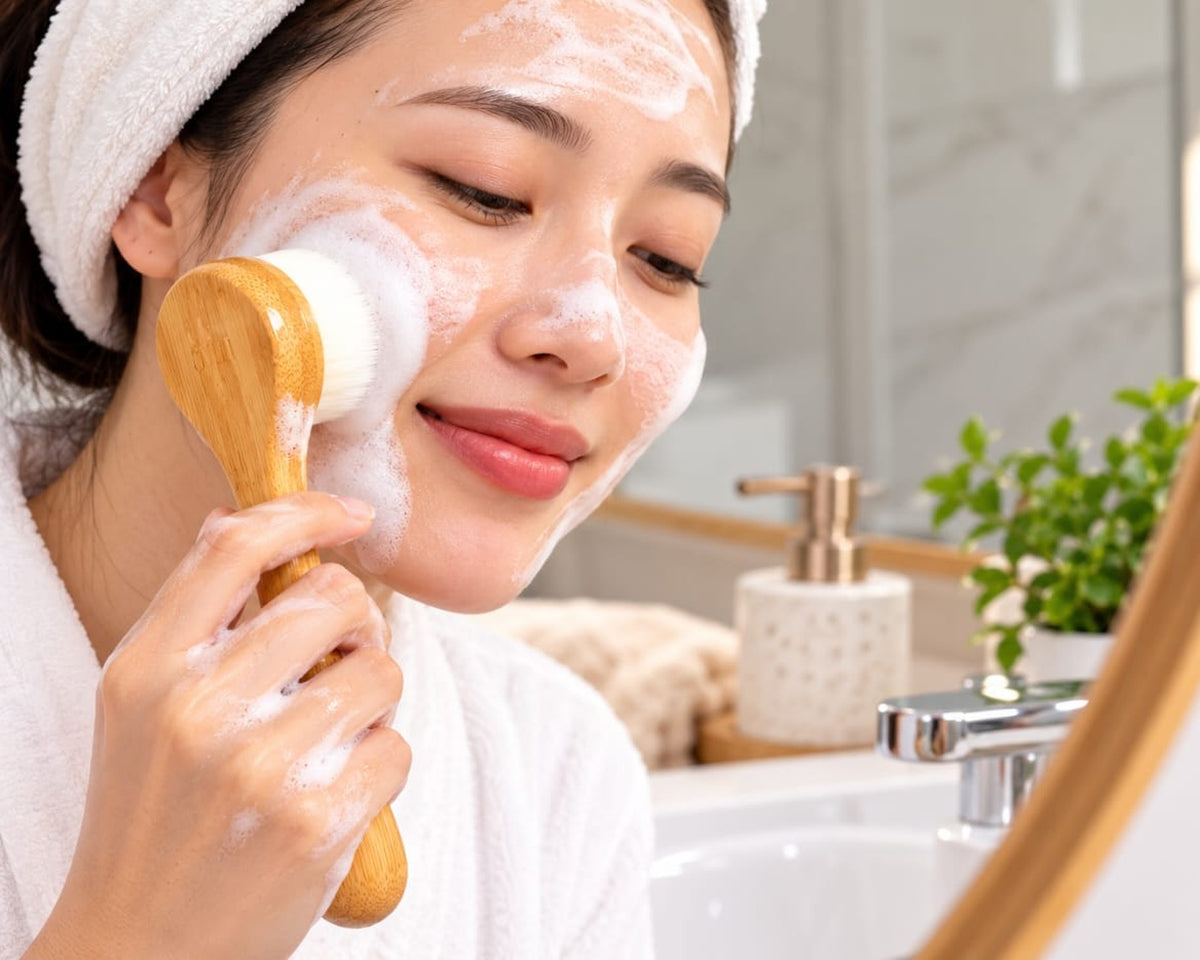 Facial Cleansing Brush with Soft Bristles – Bamboo Handle Face Scrubber