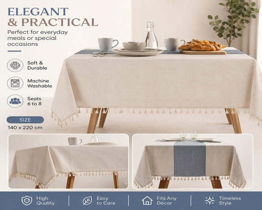 Beige-Blue Fabric Tablecloth