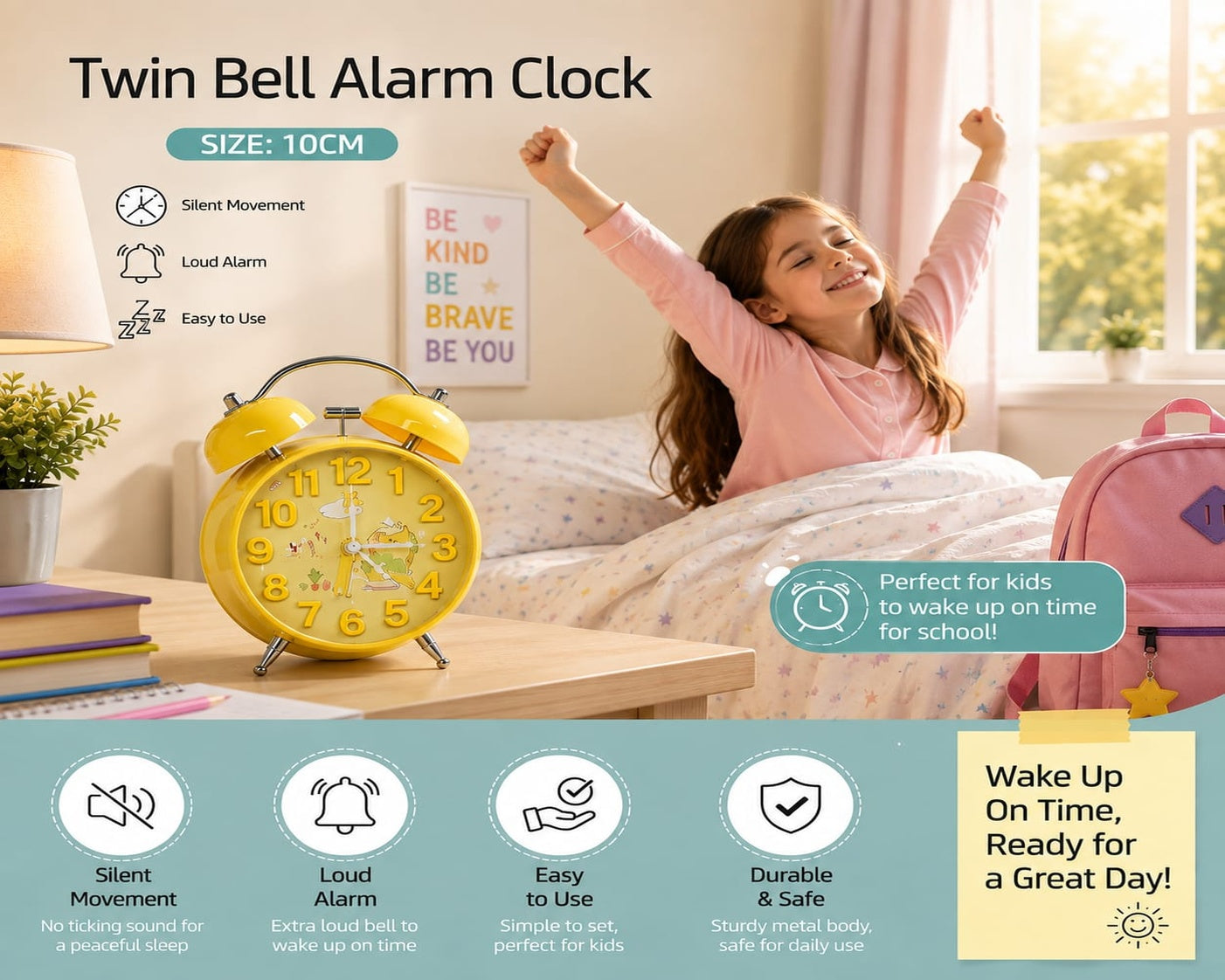 Twin Bell Alarm Clock for Kids