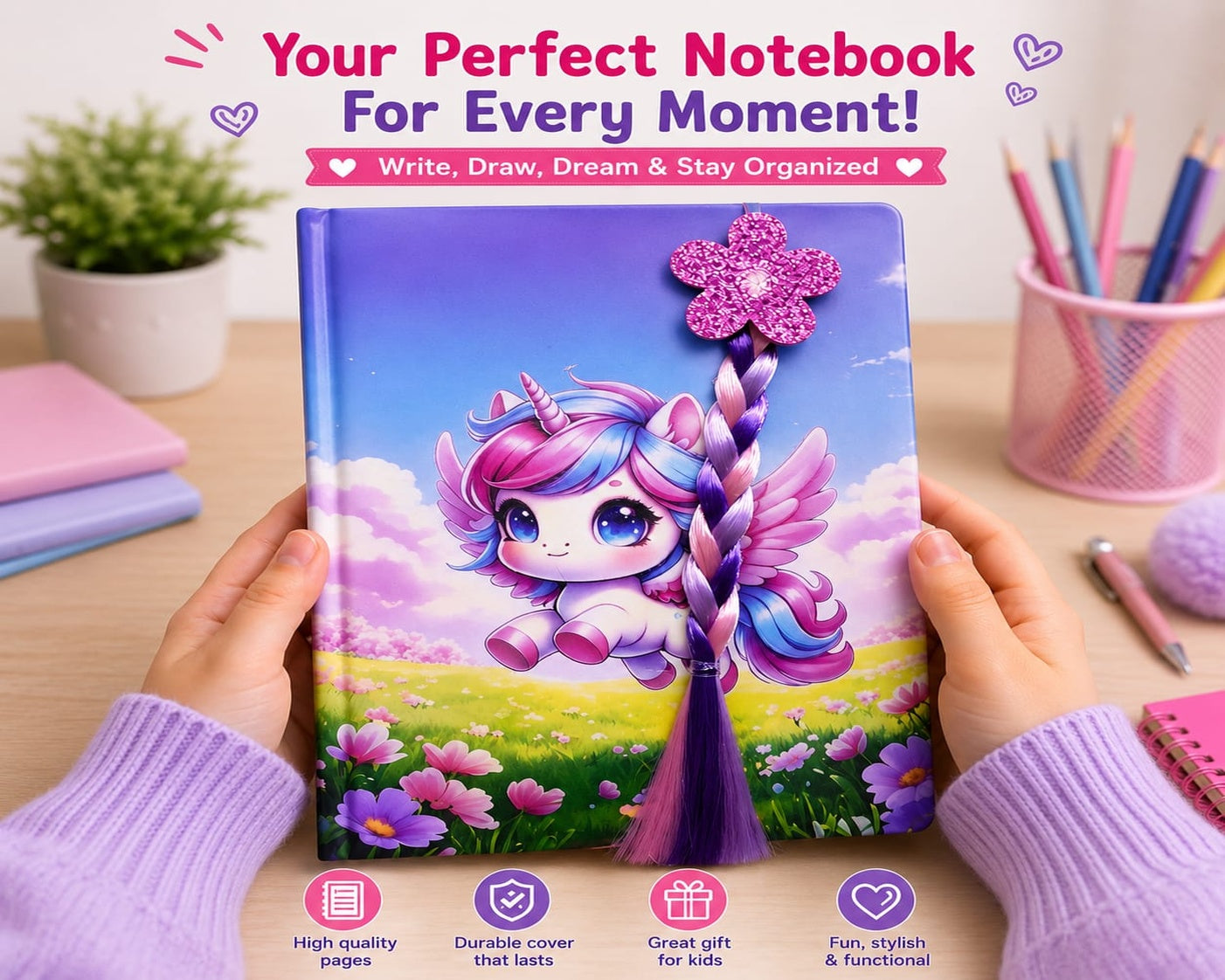 Unicorn Notebook with Hair Braid (24x16cm)