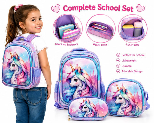 Girls 3-Piece Unicorn School Bag Set